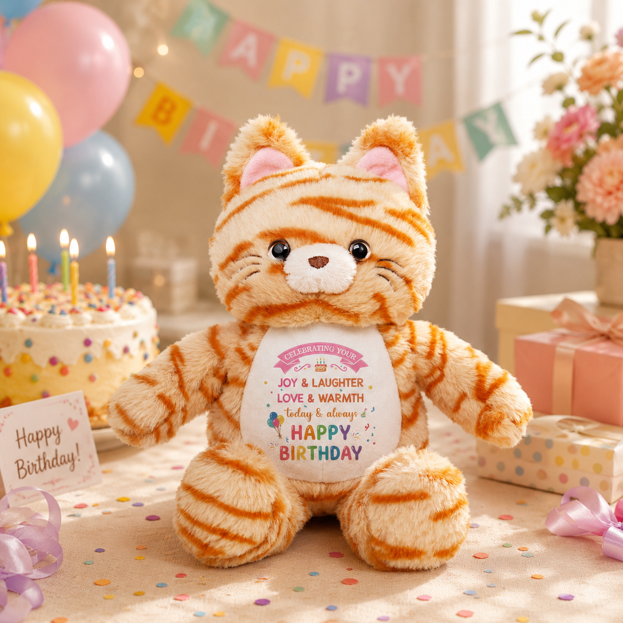 WoollyPearl 13 Inch Happy Birthday Cat Plush Toy with Heartfelt Message