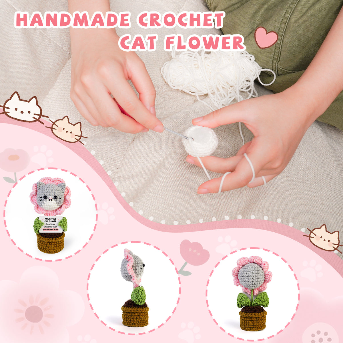 Positive Handmade Cat Flower Crochet Doll
