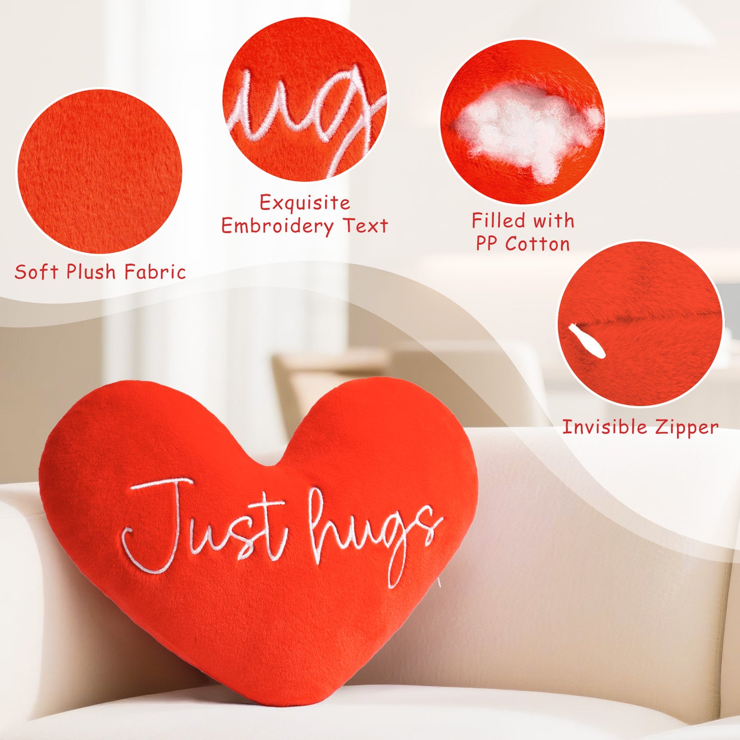 Just Hugs Heart shaped Embroidered Pillow (Red, 14.5x11.4 inches)