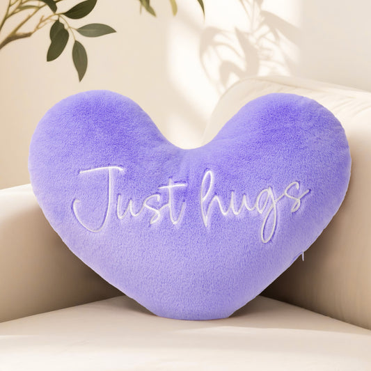 Just Hugs Heart shaped Embroidered Pillow (Purple, 14.5x11.4 inches)