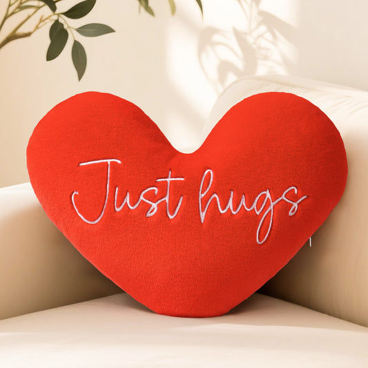 Just Hugs Heart shaped Embroidered Pillow (Red, 14.5x11.4 inches)