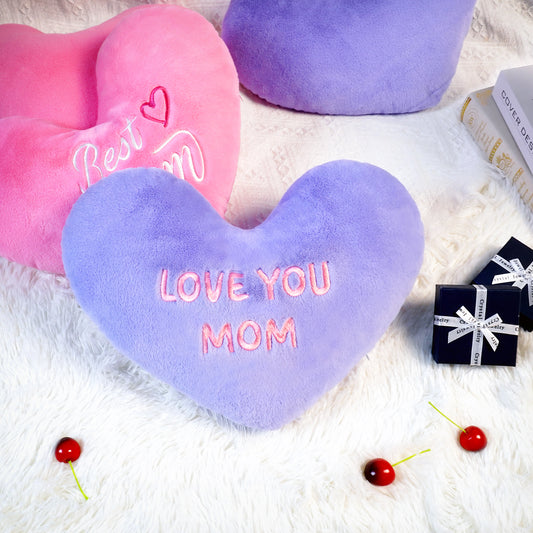 Love Mom Heart shaped Embroidered Pillow (Purple, 14.5x11.4 inches)