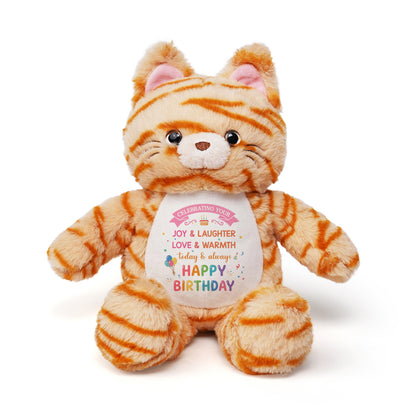WoollyPearl 13 Inch Happy Birthday Cat Plush Toy with Heartfelt Message