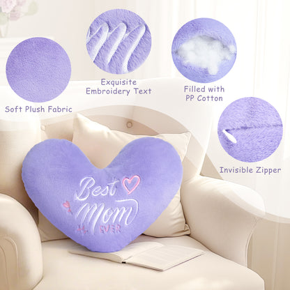 Best Mom Ever Heart shaped Embroidered Pillow (Purple, 14.5x11.4 inches)