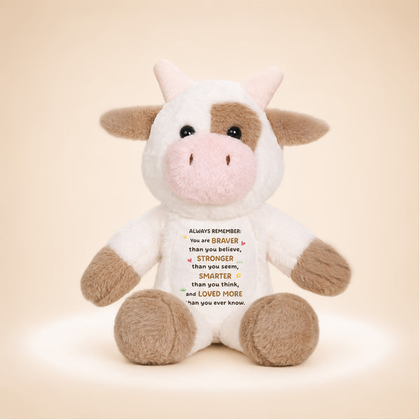Plush cow with a You Are Braver message, encouraging Christmas gift for a faraway friend