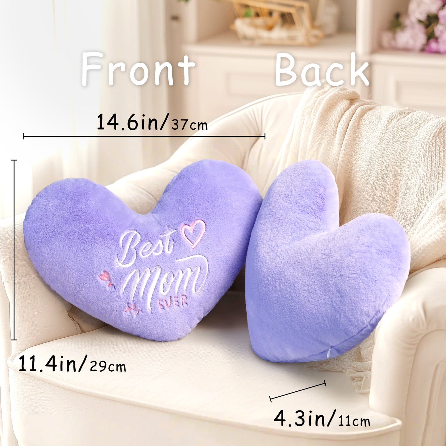Best Mom Ever Heart shaped Embroidered Pillow (Purple, 14.5x11.4 inches)